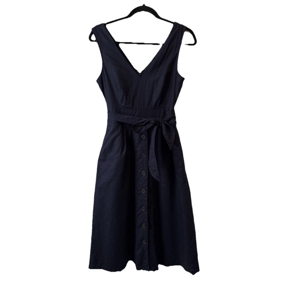 GAP Dresses & Skirts - Gap Linen Dark Night Navy Blue Button Front Tie Midi Dress S Scandi Quiet Luxury